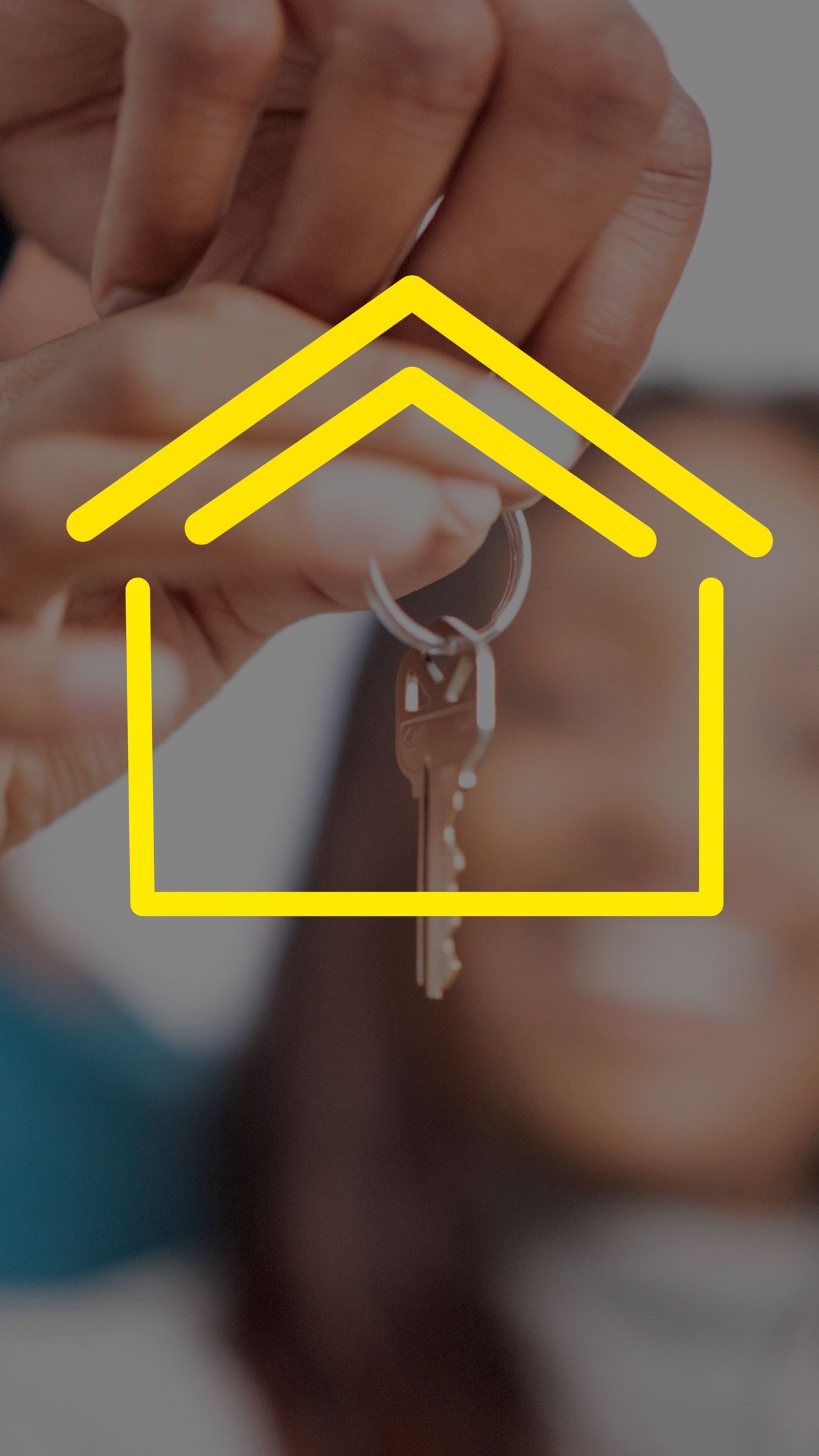 A new homeowner holding up their house keys, with a house icon overlay